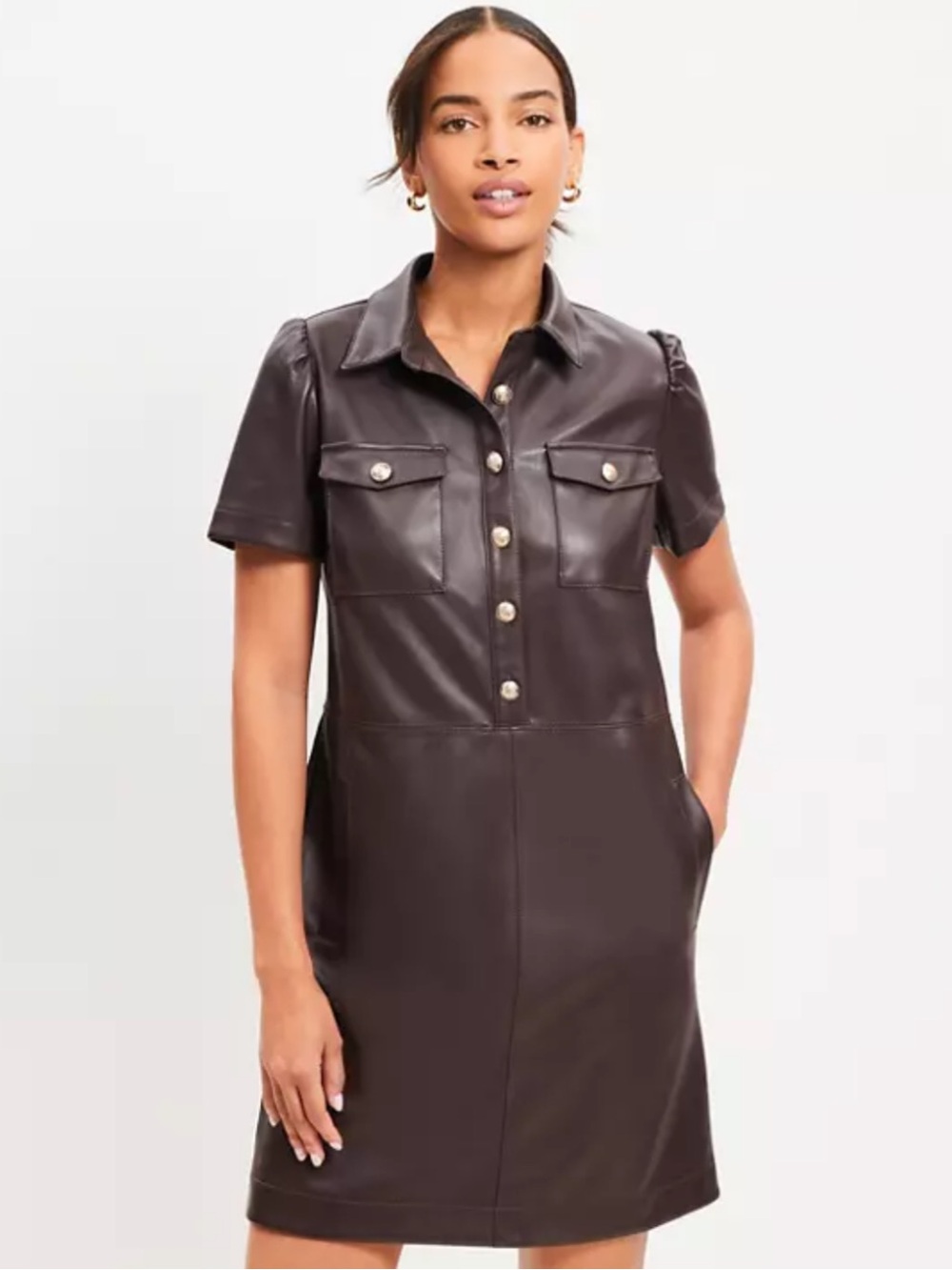 LOFT Faux Leather Pocket Shift Dress Chocolate brown NWT